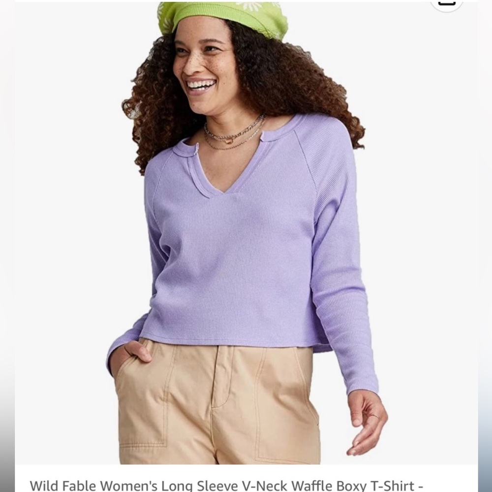 Wild Fable Women’s Long Sleeve V Neck Waffle Boxy Top (Size: S)